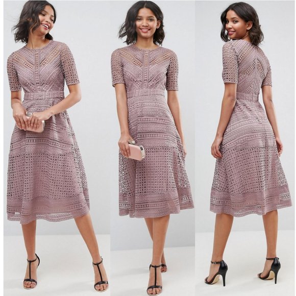 ASOS Dresses & Skirts - ASOS Premium Lace Midi Dress Short Sleeve Fit & Flare Formal Fancy Wedding Guest